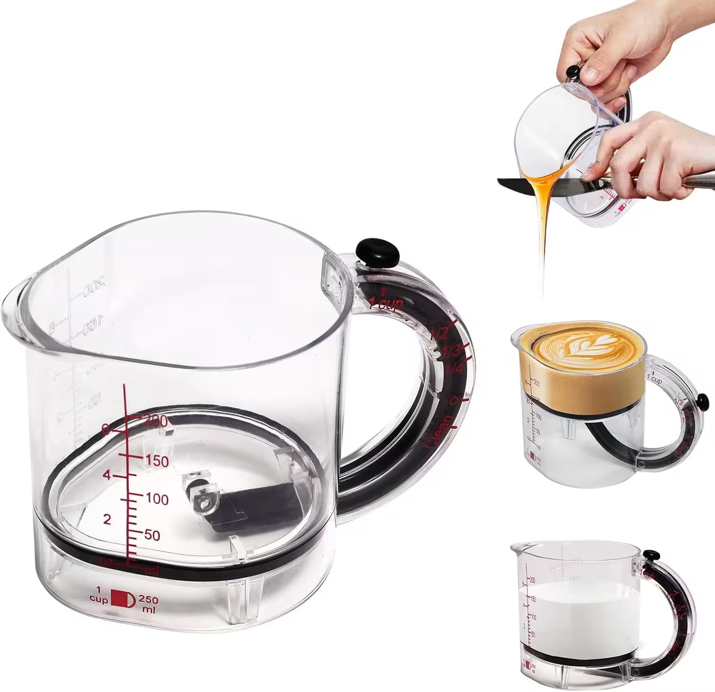 Clear measuring cup with handle and measurement markings, being used to pour coffee.