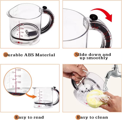 Clear measuring cup with measurement markings, durability features, and ease of use instructions.