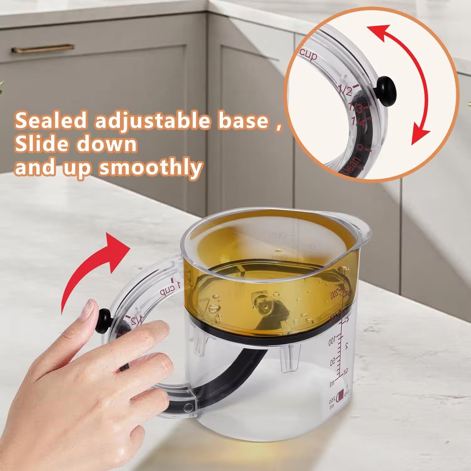 Measuring cup with sealed adjustable base on a kitchen counter