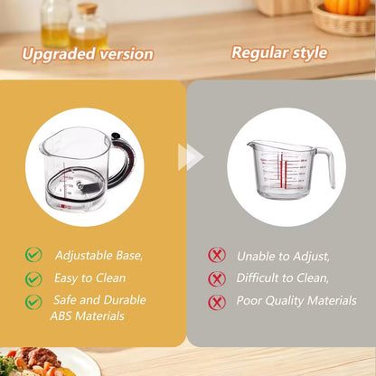 Comparison of an upgraded measuring cup with adjustable base and regular style measuring cup on a wooden surface.