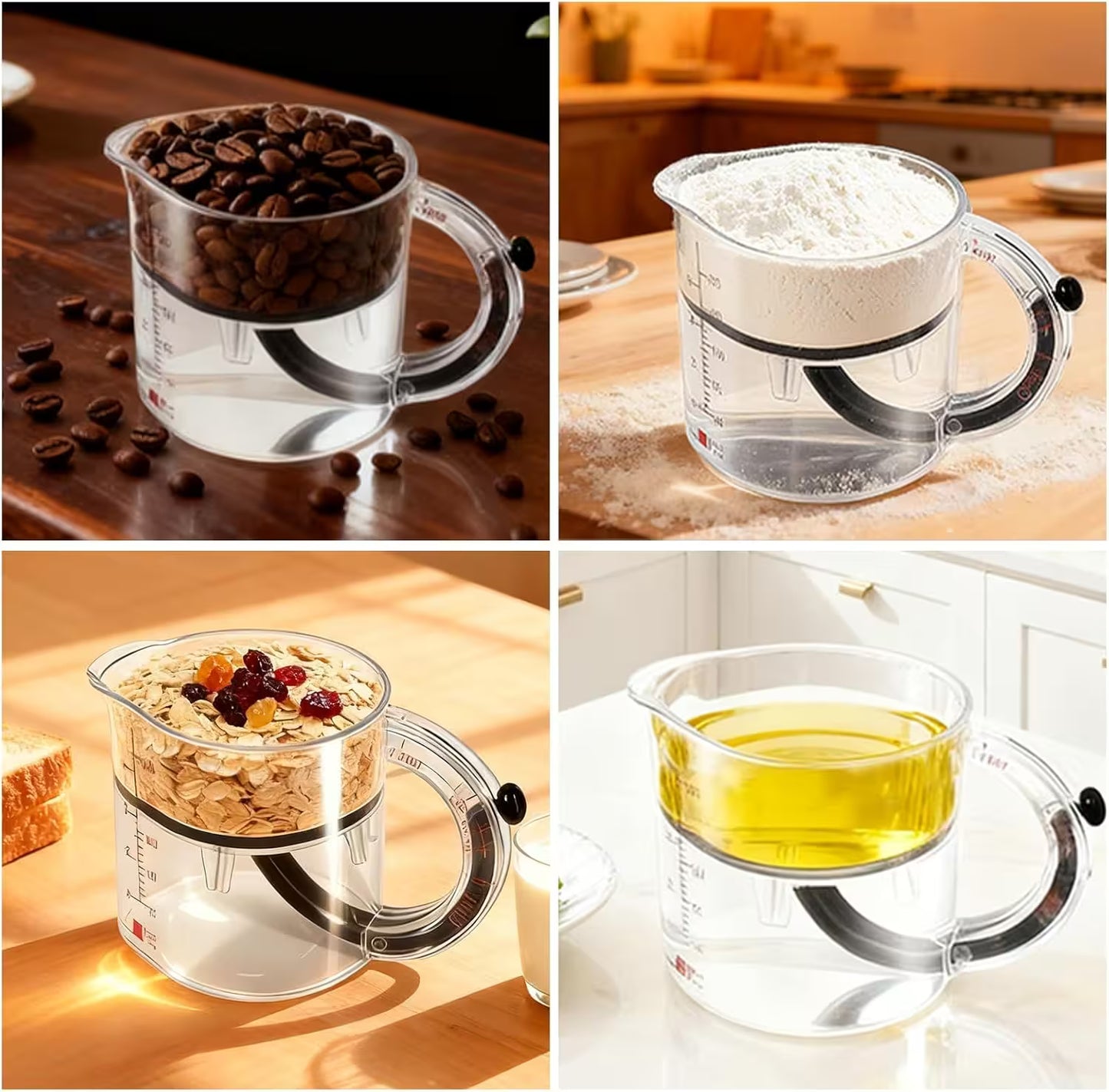 Four images showing a clear measuring cup with different contents on a wooden surface.