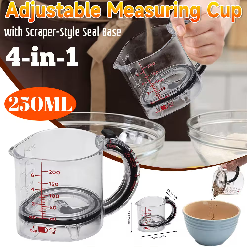 Adjustable measuring cup with scraper-style seal base, 250ml capacity, shown in use with text overlay.