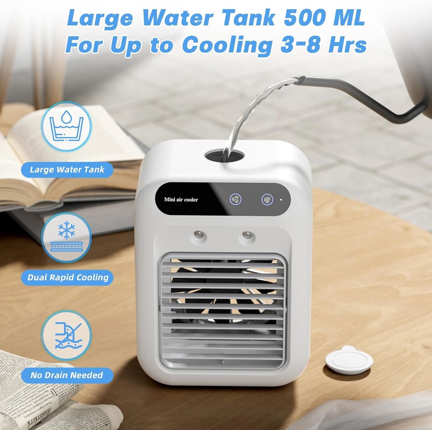 (Super large water tank) : 500ml large water tank, no need to add water repeatedly, 10H long-lasting spray, cooler and longer lasting. The large opening on the top is more convenient to add water, releases fine water mist, and adds ice to make it cooler.