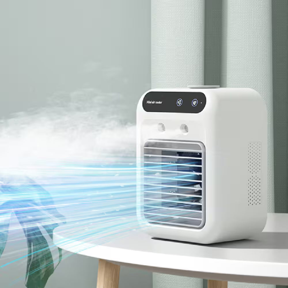 White air cooler emitting cool air on a light gray background
