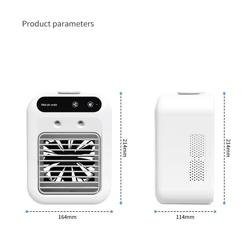 Measurement chart of a white portable air conditioner with dimensions labeled.