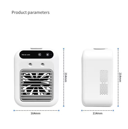 Measurement chart of a white portable air conditioner with dimensions labeled.