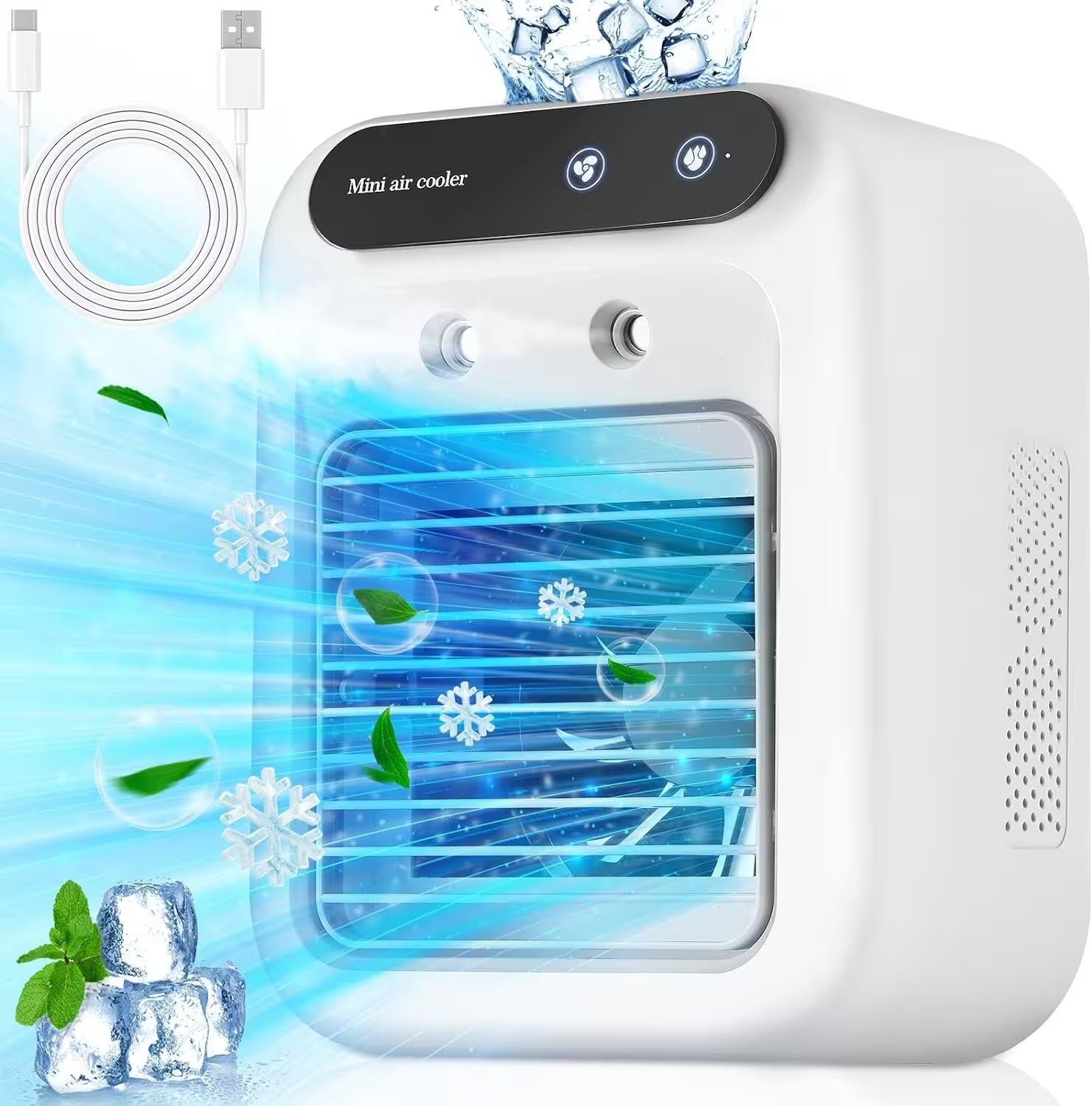 Mini air cooler with ice cubes and water droplets on a white background