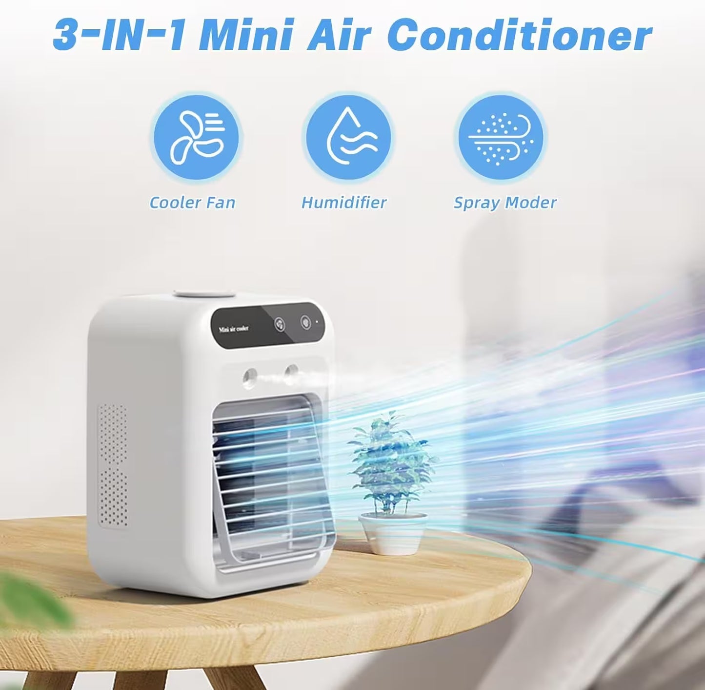 3-IN-1 Mini Air Conditioner on a wooden table with icons for Cooler Fan, Humidifier, and Spray Mode.