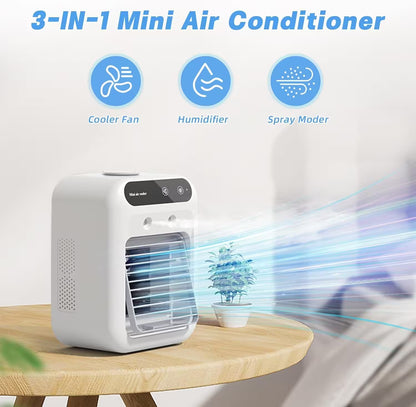 3-IN-1 Mini Air Conditioner on a wooden table with icons for Cooler Fan, Humidifier, and Spray Mode.