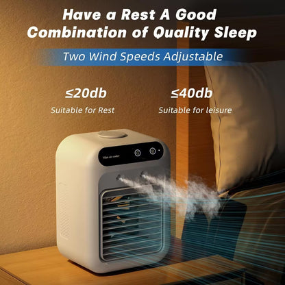 Portable air conditioner on a nightstand with text about wind speeds and noise levels.