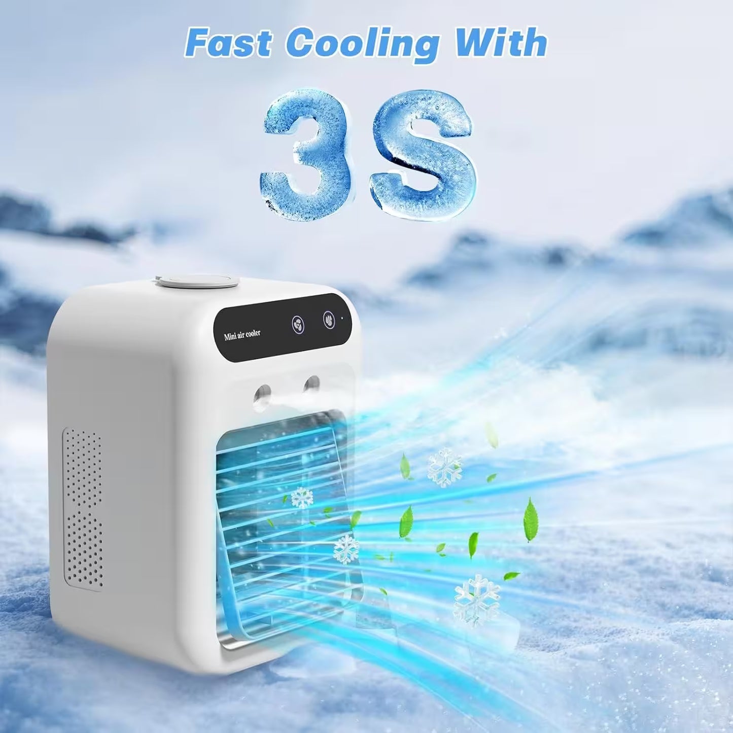 Portable air cooler with text 'Fast Cooling With 3S' on a snowy background