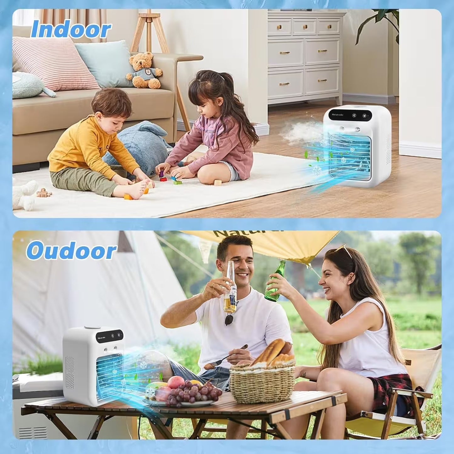Portable air conditioner used by children indoors and a couple outdoors with a picnic setup.