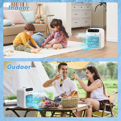Portable air conditioner used by children indoors and a couple outdoors with a picnic setup.