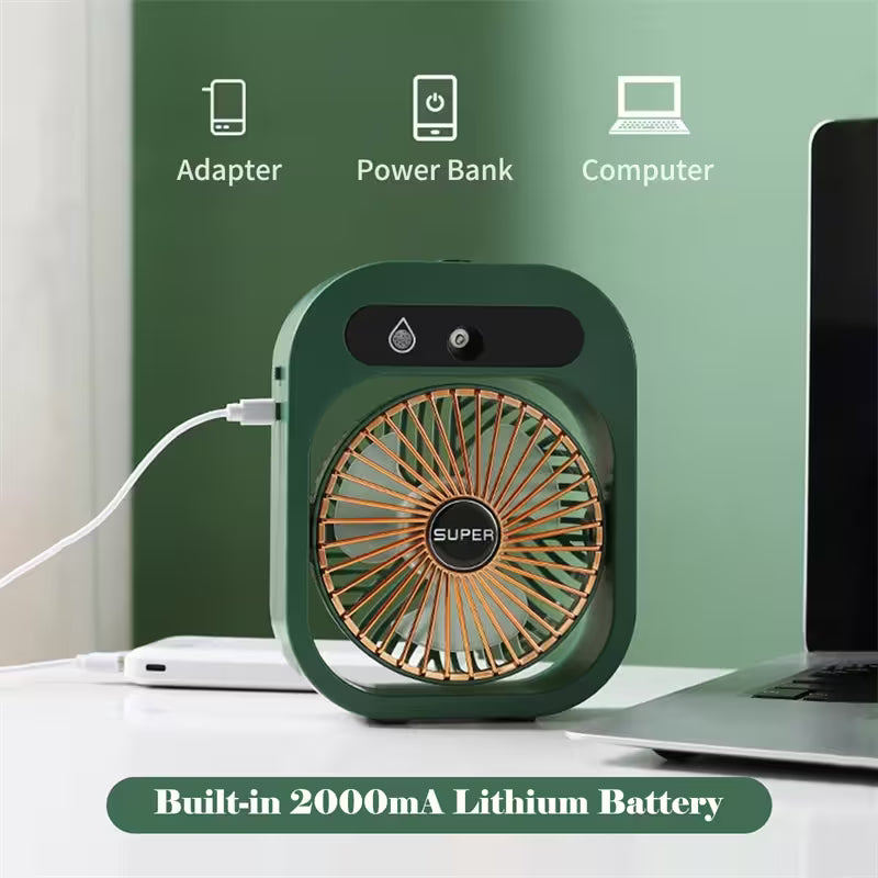 Green portable fan with USB cable, adapter, power bank, and computer icons on a green background.