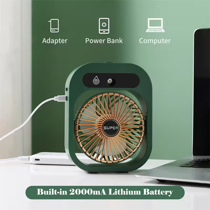 Green portable fan with USB cable, adapter, power bank, and computer icons on a green background.