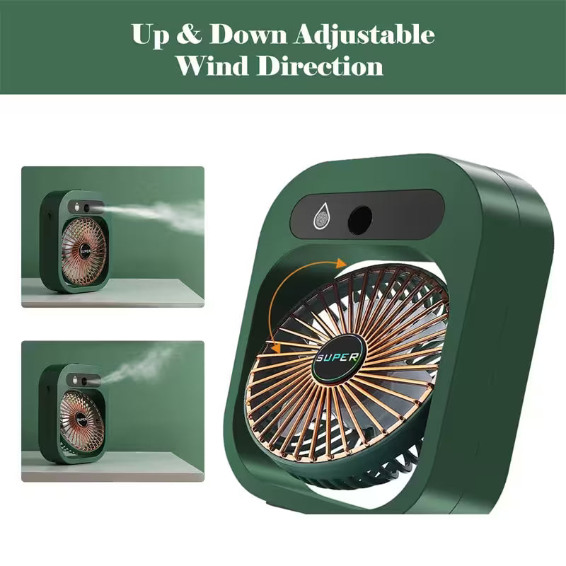 Green portable fan with adjustable wind direction feature on a white background
