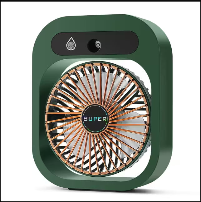 Green portable fan with gold accents on a white background