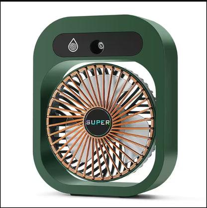 Green portable fan with gold accents on a white background