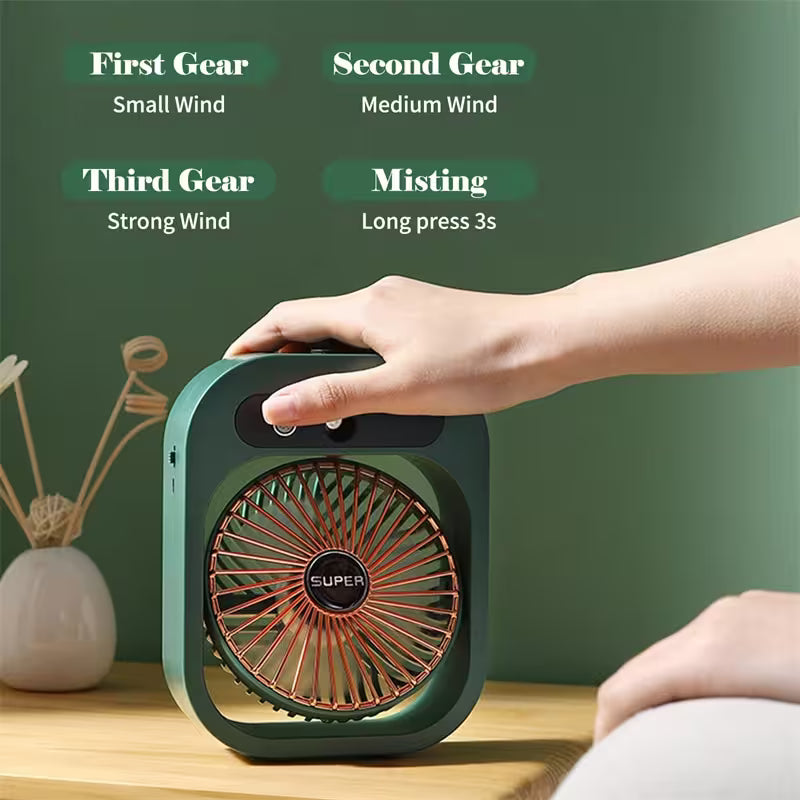 Hand adjusting a portable fan with control options on a green background