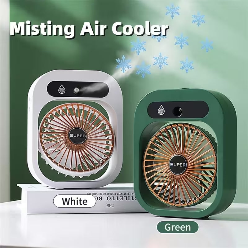 Two misting air coolers, one white and one green, on a light green background with snowflake graphics.