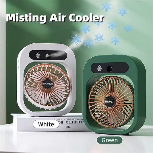 Two misting air coolers, one white and one green, on a light green background with snowflake graphics.
