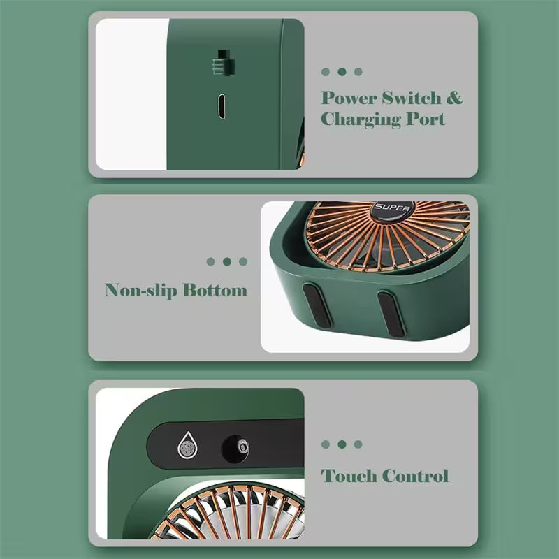 Green handheld fan with power switch, charging port, non-slip bottom, and touch control features on a green background.