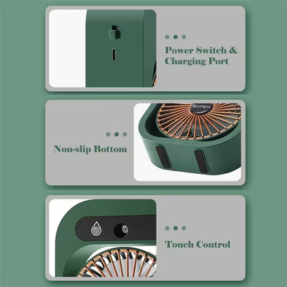 Green handheld fan with power switch, charging port, non-slip bottom, and touch control features on a green background.