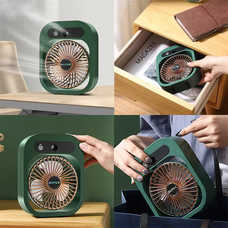 Green portable fan on a wooden surface with close-up shots of its design and usage.