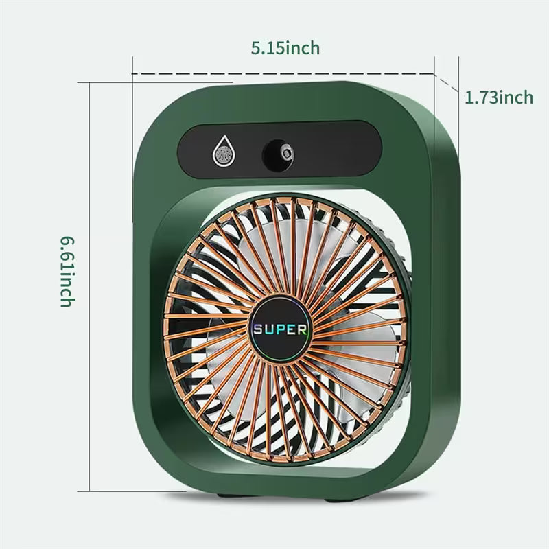 Green and gold portable fan with dimensions labeled on a white background