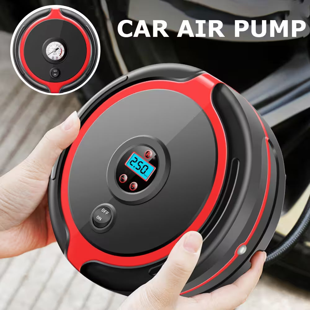 Car air pump with digital display held by a hand, with a car tire in the background.