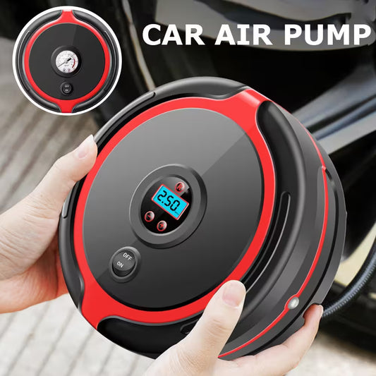 Car air pump with digital display held by a hand, with a car tire in the background.