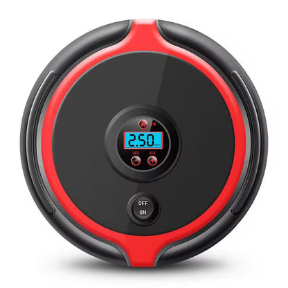 Round electronic device with digital display and red and black design on a white background
