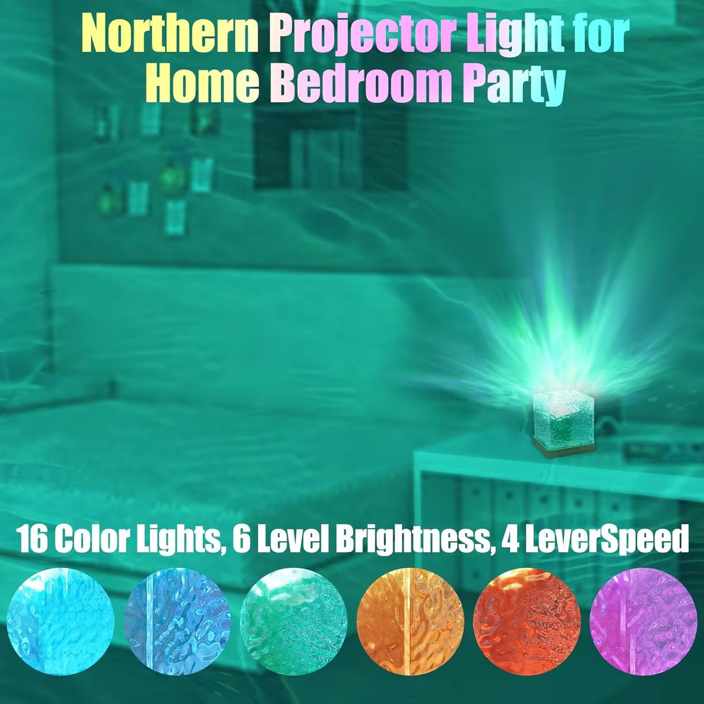 Projector light projecting a colorful beam in a room with text about features and color options.