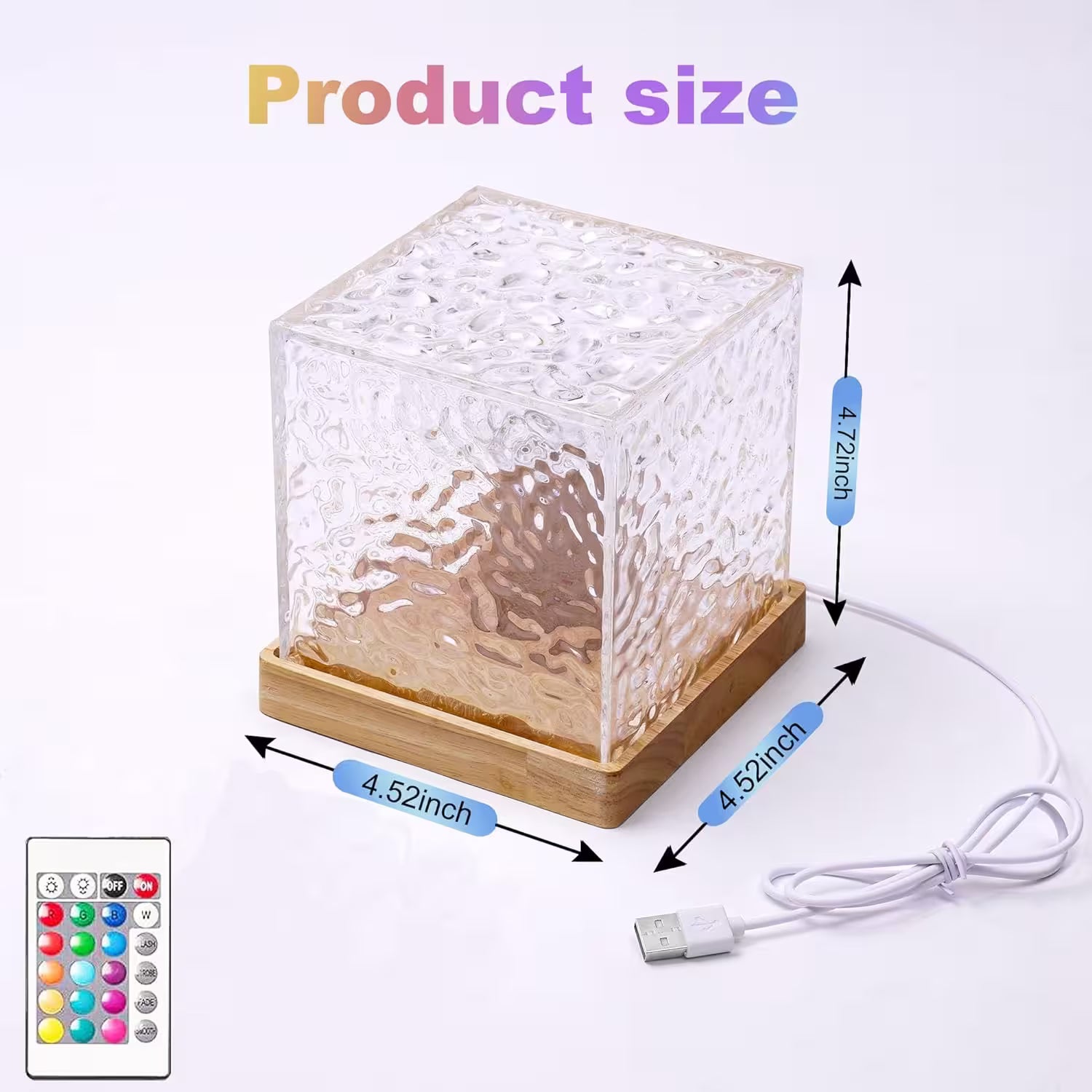 Cube-shaped lamp with dimensions and remote control on a white background