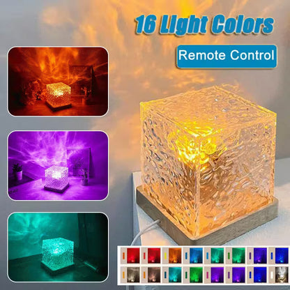 Transparent cube light with colorful lighting options and remote control feature.