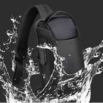 Black backpack with water splash effect on a dark background