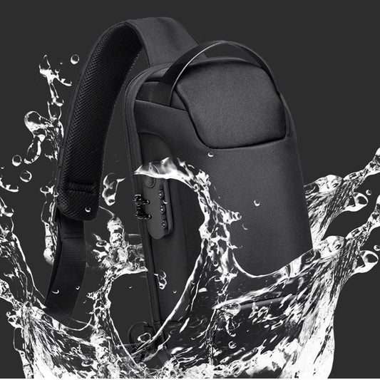 Black backpack with water splash effect on a dark background