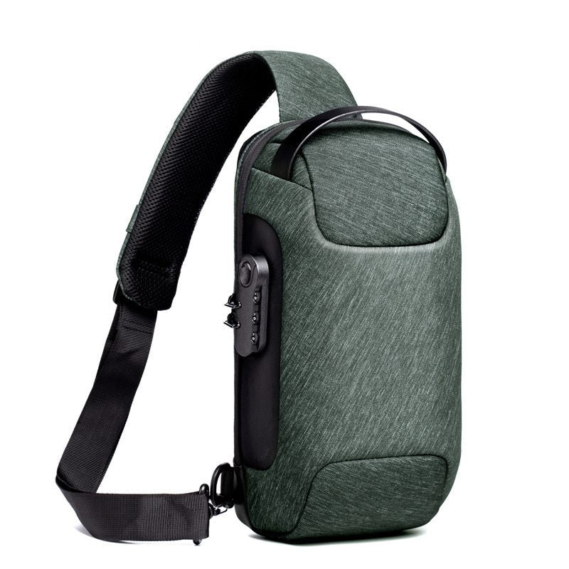 Green sling bag with a black strap on a white background