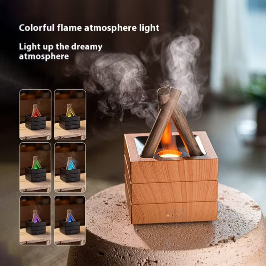 Wooden flame light with colorful flames and smoke effect on a blurred background