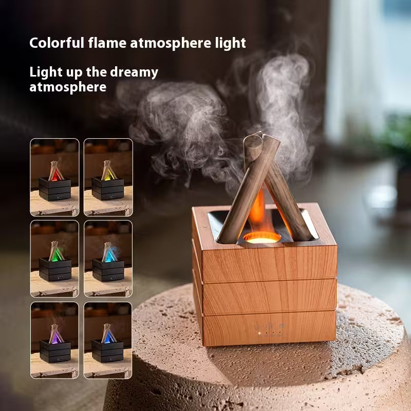 Wooden flame light with colorful flames and smoke effect on a blurred background