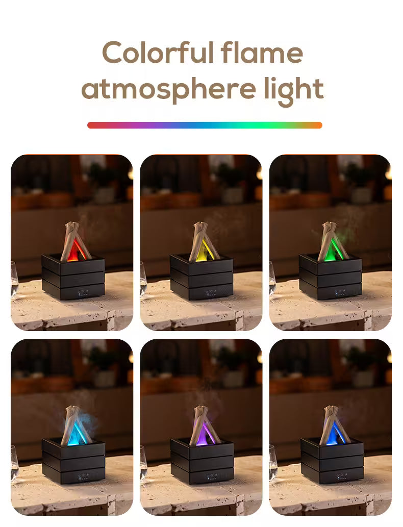 Colorful flame atmosphere light with changing colors on a stone surface.