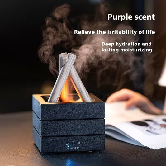 Aromatherapy diffuser emitting steam with text about purple scent benefits on a blurred background.