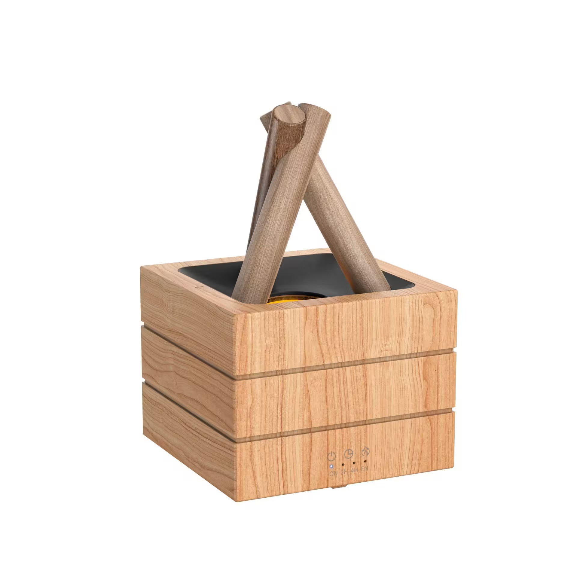 Wooden ashtray with two wooden sticks on a white background