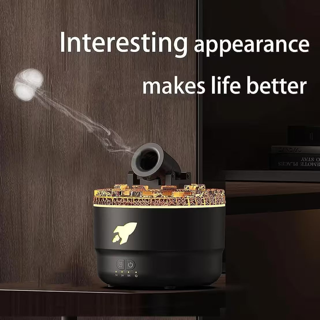 Black humidifier with decorative top on a wooden surface, text 'Interesting appearance makes life better' above.