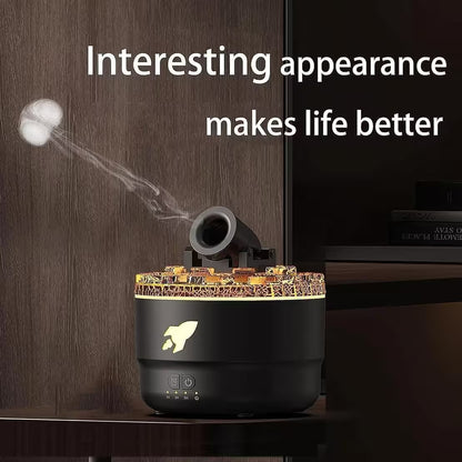 Black humidifier with decorative top on a wooden surface, text 'Interesting appearance makes life better' above.