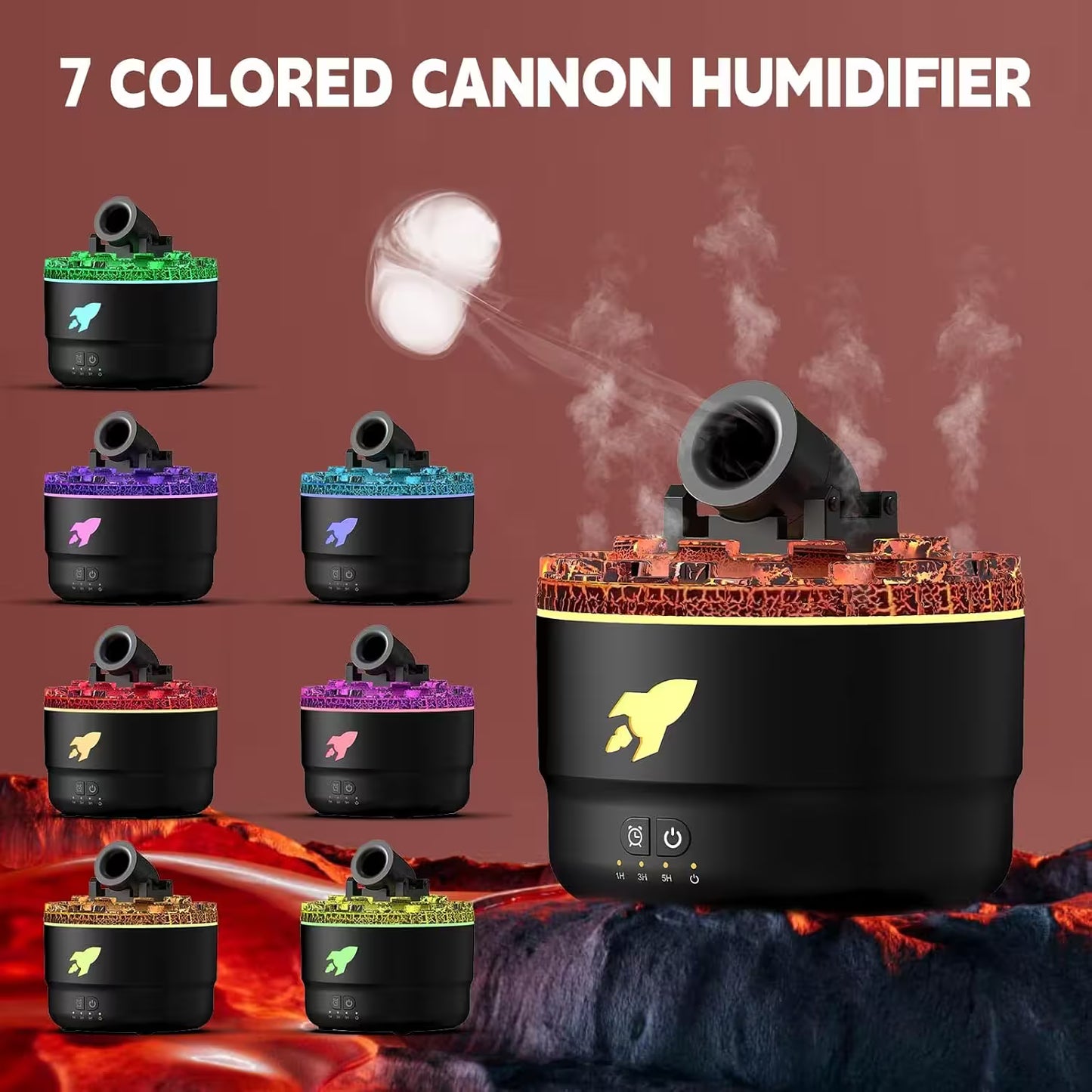 7-colored cannon humidifier with colorful lights on a brown background