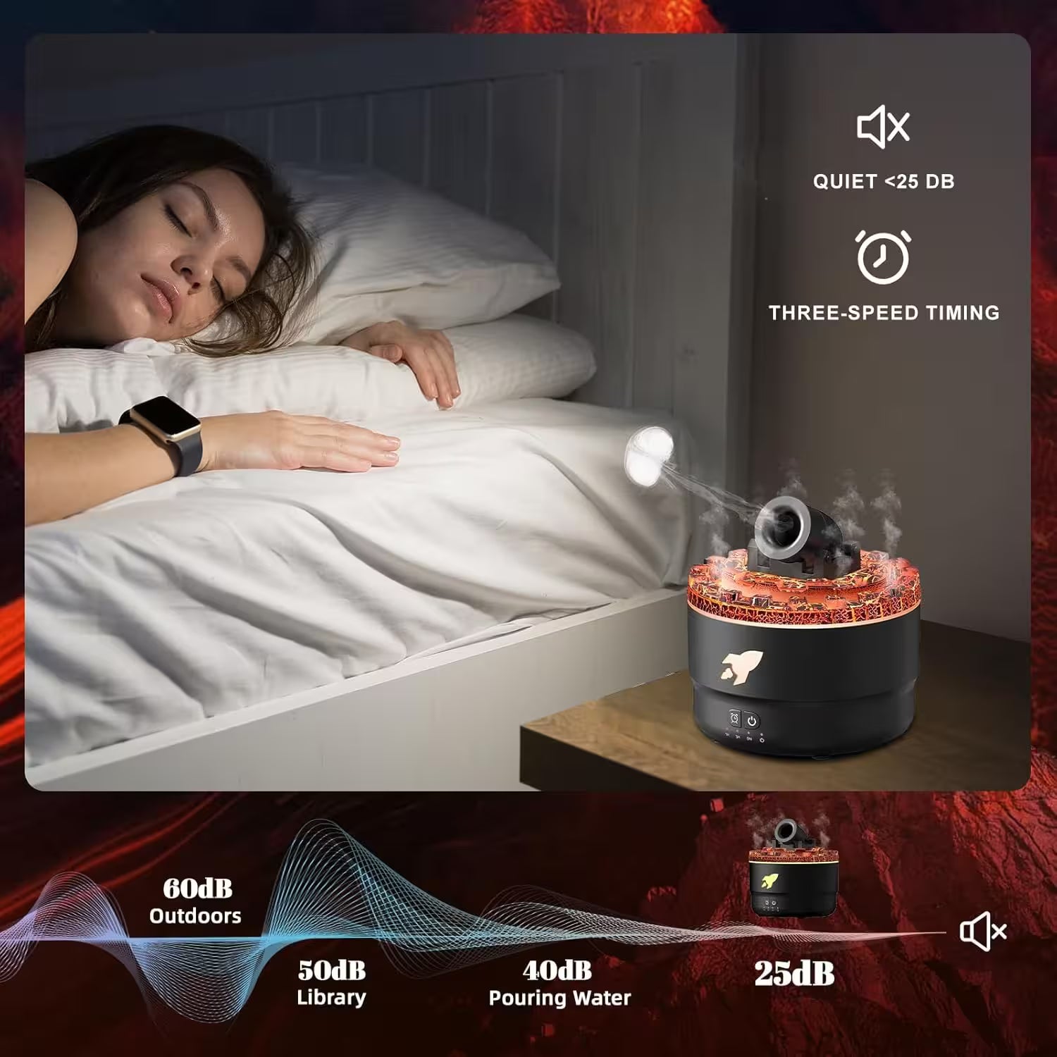 Woman sleeping in bed with a humidifier on a nightstand, showing sound level and timing features.