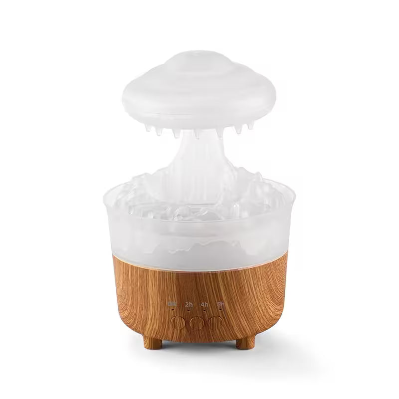 Humidifier with wooden base and white top on a white background