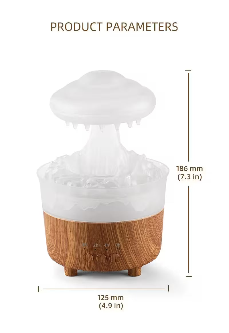 White diffuser with wooden base on a white background, showing product dimensions.