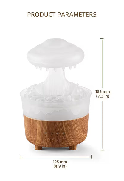 White diffuser with wooden base on a white background, showing product dimensions.